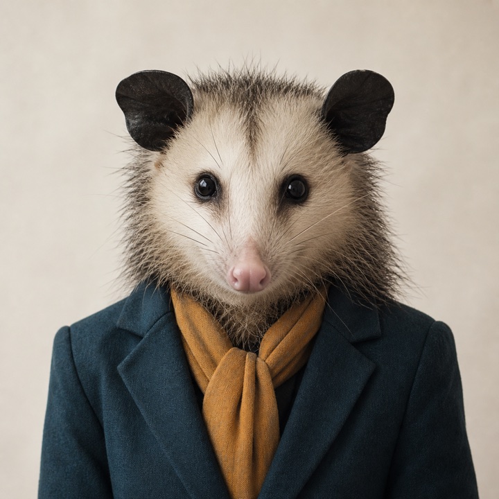 Ritratto segnaposto di un opossum femmina in posa da autrice