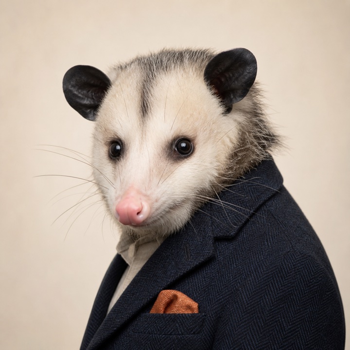 Ritratto segnaposto di un opossum maschio in posa da autore